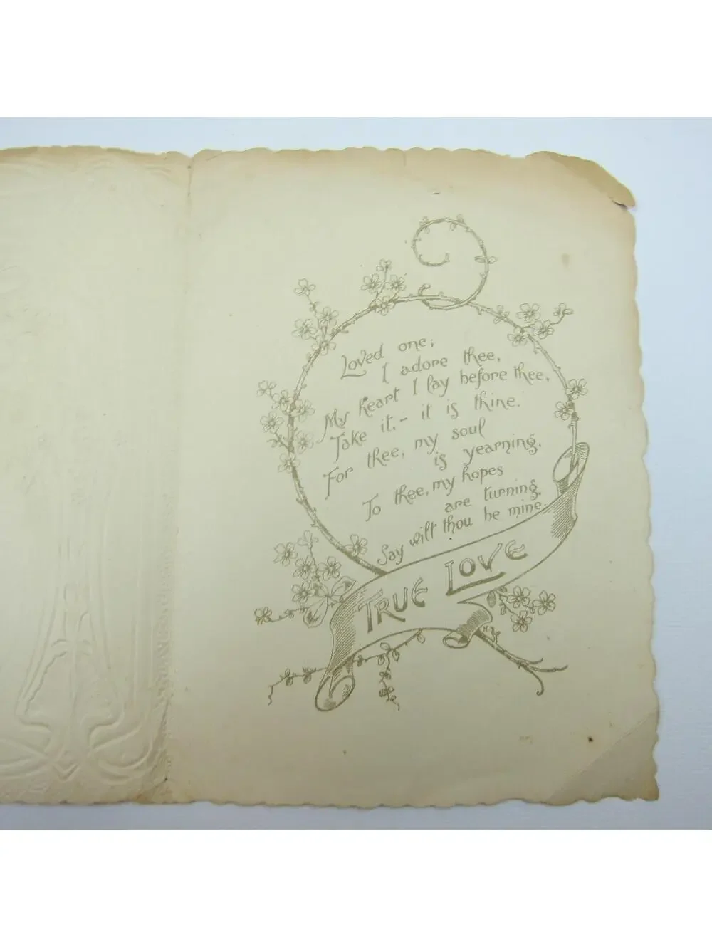 Valentine Card Girl Bonnet Yellow Dress Flowers Embossed Die cut Bifold Antique